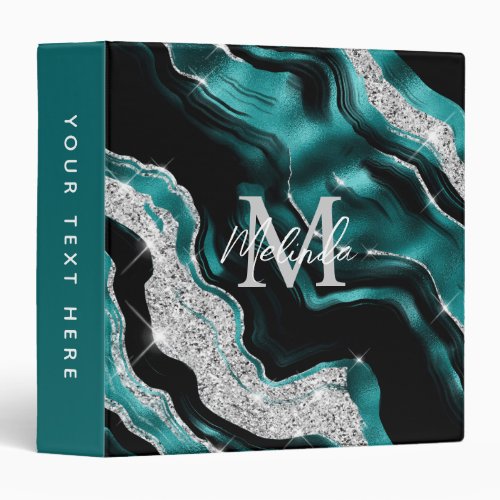 Teal Blue and Silver Abstract Agate 3 Ring Binder