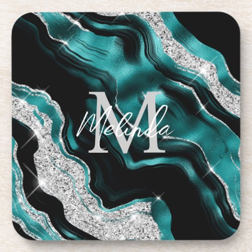 Teal Blue and Silver Abstract Agate Beverage Coaster