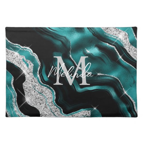Teal Blue and Silver Abstract Agate Cloth Placemat