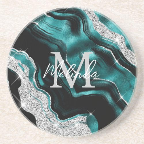 Teal Blue and Silver Abstract Agate Coaster