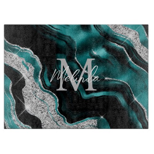 Teal Blue and Silver Abstract Agate Cutting Board