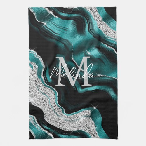 Teal Blue and Silver Abstract Agate Kitchen Towel