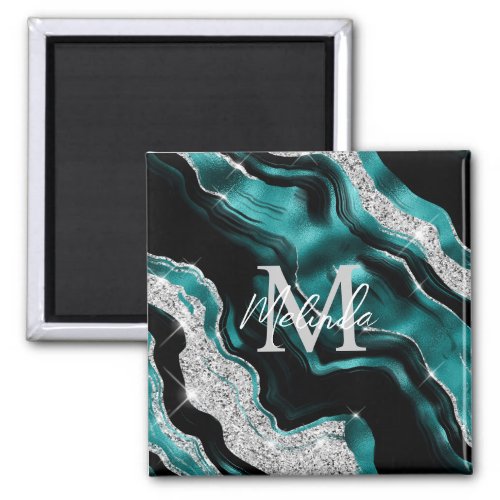 Teal Blue and Silver Abstract Agate Magnet