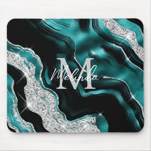 Teal Blue and Silver Abstract Agate Mouse Pad