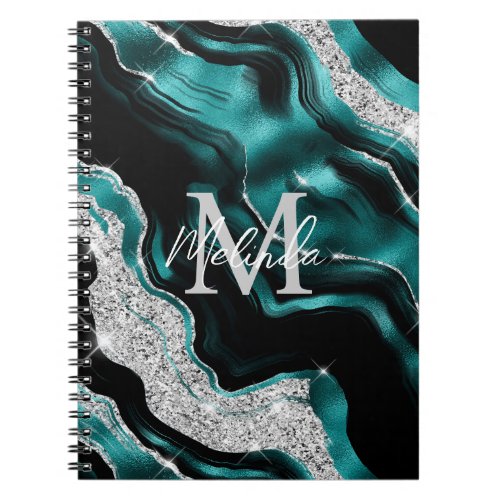 Teal Blue and Silver Abstract Agate Notebook