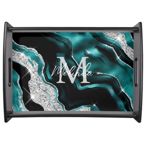 Teal Blue and Silver Abstract Agate Serving Tray