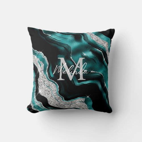 Teal Blue and Silver Abstract Agate Throw Pillow