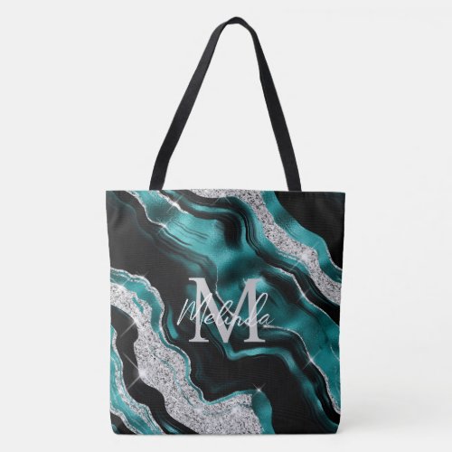 Teal Blue and Silver Abstract Agate Tote Bag