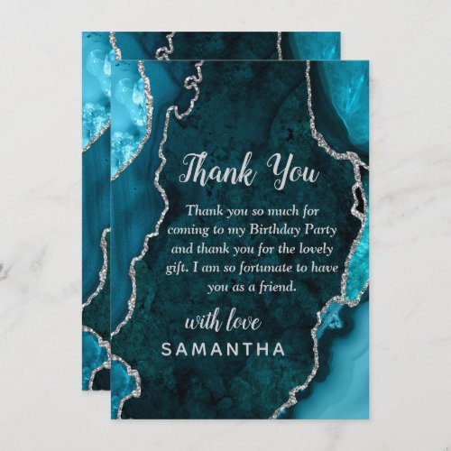 Teal Blue and Silver Agate Birthday Party Thank You Card