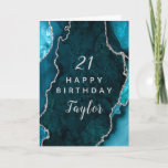 Teal Blue and Silver Agate Happy Birthday Card<br><div class="desc">This elegant and glamorous birthday card can be personalized with a name or title such as mom, daughter, granddaughter, niece, friend etc. The design features a teal blue agate marble background with faux silver glitter accents. The text combines handwritten script and modern sans serif fonts for a classy and sophisticated...</div>