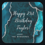 Teal Blue and Silver Agate Happy Birthday Square Sticker<br><div class="desc">This elegant and glamorous sticker can be personalized with a name or title such as mom, daughter, granddaughter, niece, friend etc. The design features a teal blue agate marble background with faux silver glitter accents. The text combines handwritten script and modern sans serif fonts for a classy and sophisticated look....</div>