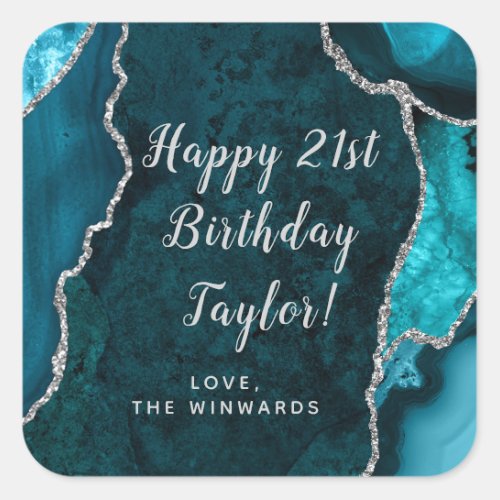 Teal Blue and Silver Agate Happy Birthday Square Sticker