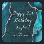 Teal Blue and Silver Agate Happy Birthday Square Sticker<br><div class="desc">This elegant and glamorous sticker can be personalized with a name or title such as mom, daughter, granddaughter, niece, friend etc. The design features a teal blue agate marble background with faux silver glitter accents. The text combines handwritten script and modern sans serif fonts for a classy and sophisticated look....</div>