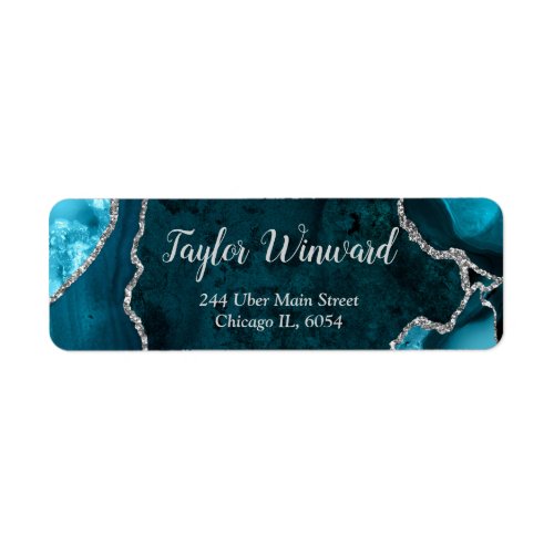 Teal Blue and Silver Agate Marble Birthday Party Label
