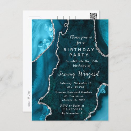 Teal Blue and Silver Agate Marble Birthday Party Postcard