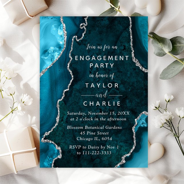Teal Blue and Silver Agate Marble Engagement Party Invitation (Creator Uploaded)