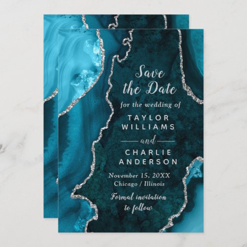 Teal Blue and Silver Agate Marble Save The Date Invitation