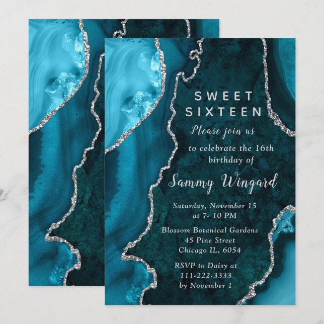 Teal Blue and Silver Agate Marble Sweet Sixteen Invitation (Front/Back)