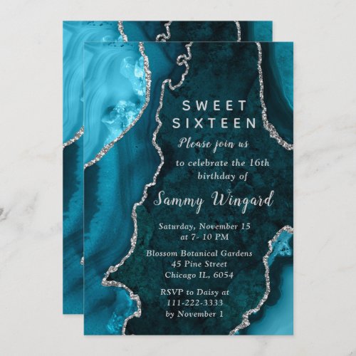 Teal Blue and Silver Agate Marble Sweet Sixteen Invitation