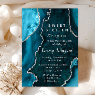 Teal Blue and Silver Agate Marble Sweet Sixteen Invitation