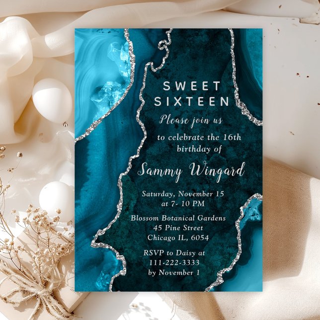 Teal Blue and Silver Agate Marble Sweet Sixteen Invitation (Creator Uploaded)
