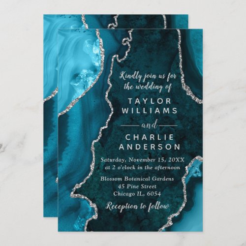 Teal Blue and Silver Agate Marble Wedding Invitation