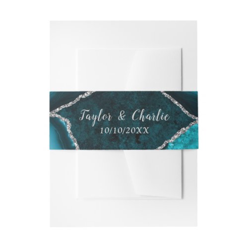 Teal Blue and Silver Agate Marble Wedding Invitation Belly Band