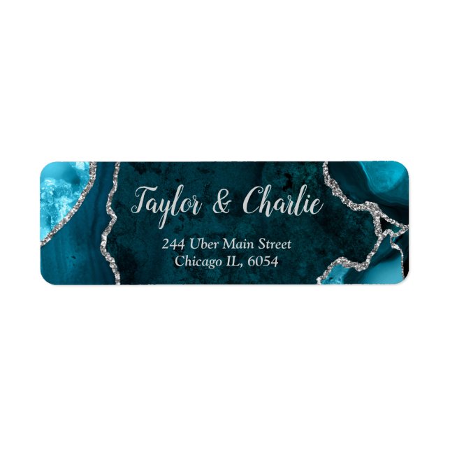 Teal Blue and Silver Agate Marble Wedding Label (Front)