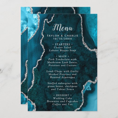 Teal Blue and Silver Agate Marble Wedding Menu