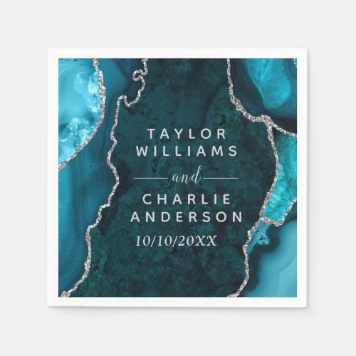 Teal Blue and Silver Agate Marble Wedding Napkins