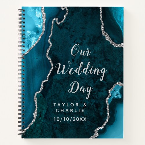 Teal Blue and Silver Agate Marble Wedding Notebook