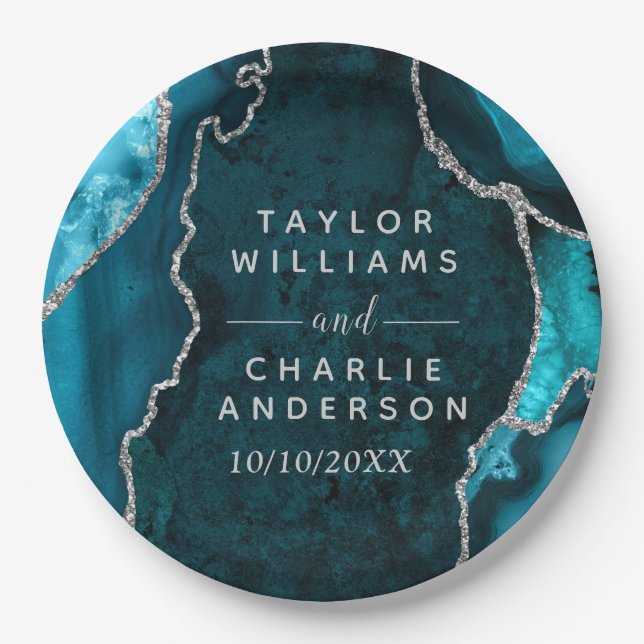 Teal Blue and Silver Agate Marble Wedding Paper Plates (Front)