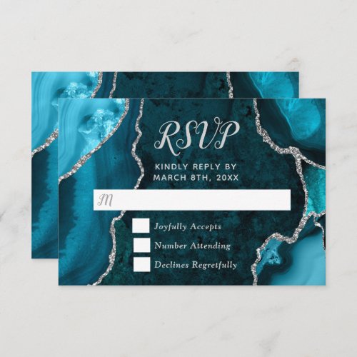 Teal Blue and Silver Agate Marble Wedding RSVP Card