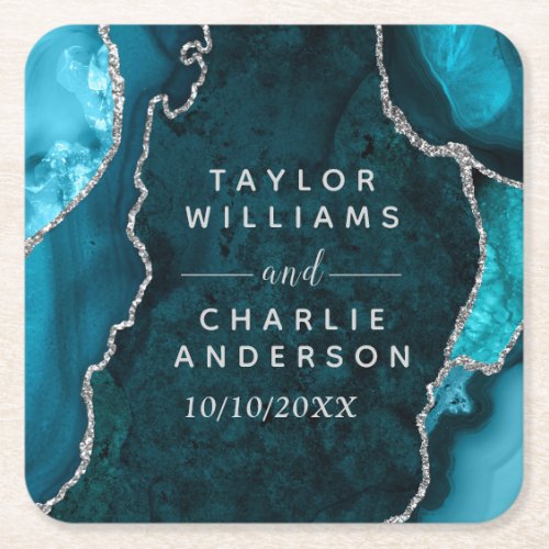 Teal Blue and Silver Agate Marble Wedding Square Paper Coaster