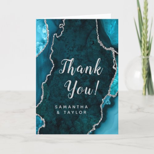 Teal Blue and Silver Agate Marble Wedding Thank You Card