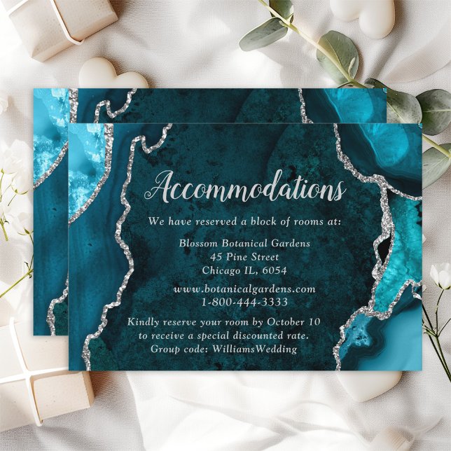 Teal Blue and Silver Agate Wedding Accommodations Enclosure Card (Creator Uploaded)