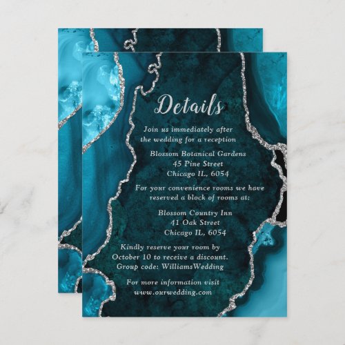 Teal Blue and Silver Agate Wedding Details Enclosure Card