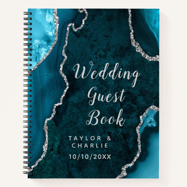 Teal Blue and Silver Agate Wedding Guest Book (Front)