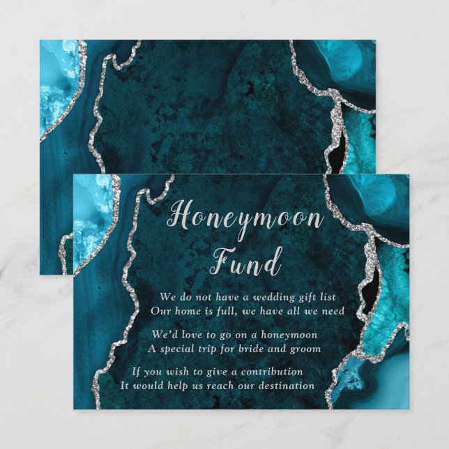 Teal Blue and Silver Agate Wedding Honeymoon Fund Enclosure Card (Front/Back)