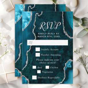 Teal Blue and Silver Agate Wedding Meal Choice RSVP Card