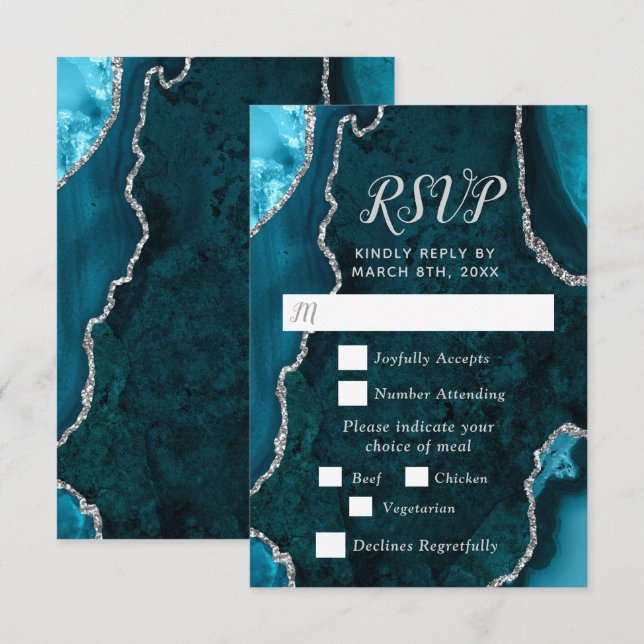Teal Blue and Silver Agate Wedding Meal Choice RSVP Card (Front/Back)