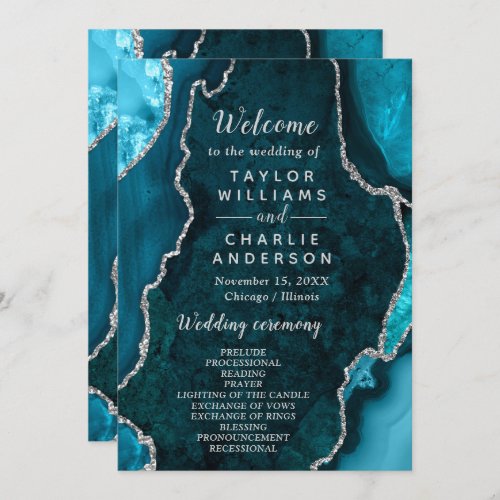 Teal Blue and Silver Agate Wedding Program