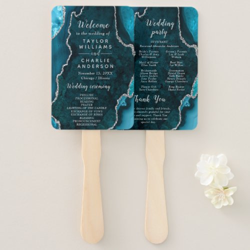 Teal Blue and Silver Agate Wedding Program Hand Fan