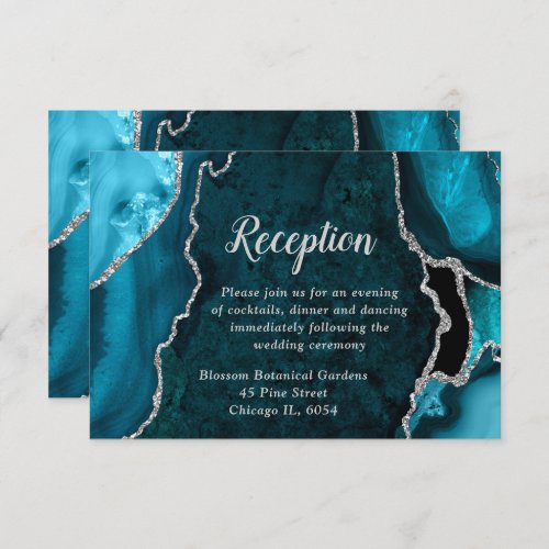 Teal Blue and Silver Agate Wedding Reception Enclosure Card
