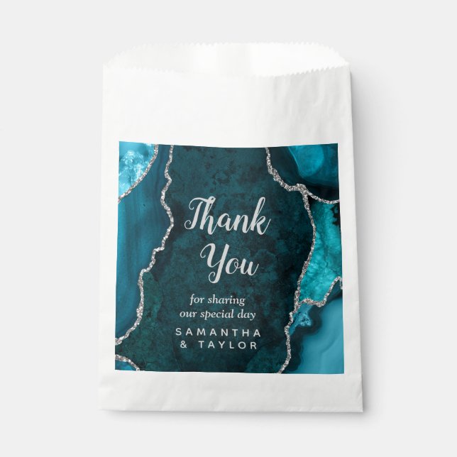 Teal Blue and Silver Agate Wedding Thank You Favor Bag (Front)