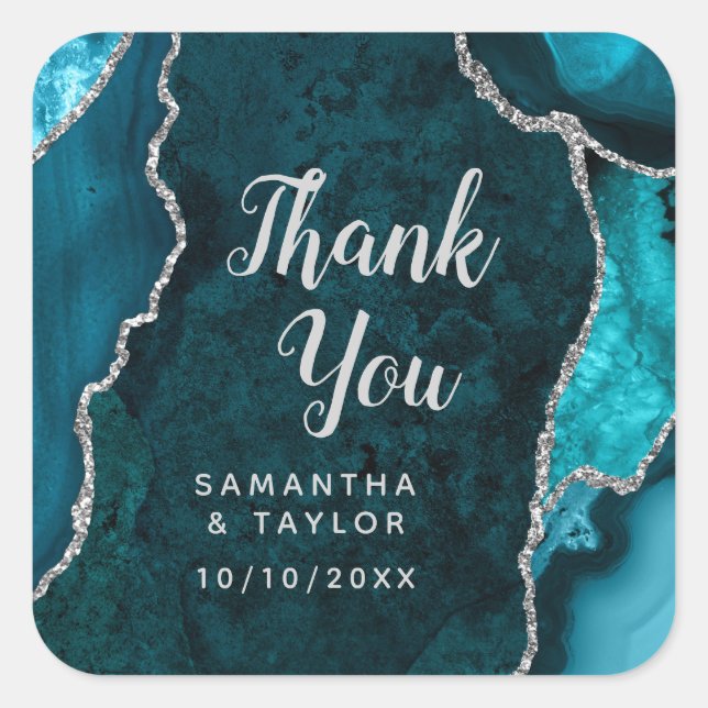 Teal Blue and Silver Agate Wedding Thank You Square Sticker (Front)