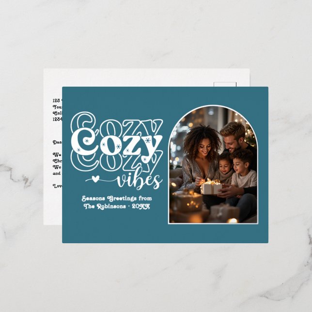 Teal Blue and Silver Cozy Vibes Retro Christmas Foil Holiday Postcard (Front/Back)