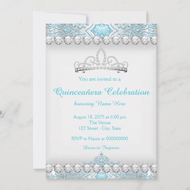 Teal Blue and Silver Diamond Princess Quinceanera Invitation (Front)