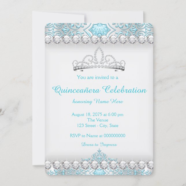 Teal Blue and Silver Diamond Princess Quinceanera Invitation (Front)
