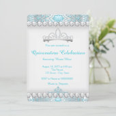Teal Blue and Silver Diamond Princess Quinceanera Invitation (Standing Front)